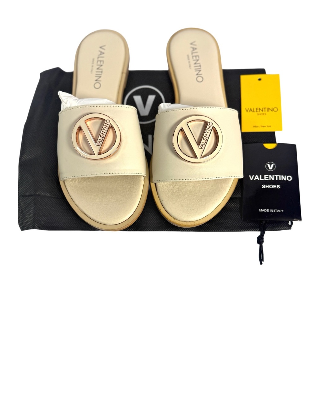 Valentino Bugola Cream Slide Sandals with Rose Gold Logo Accent